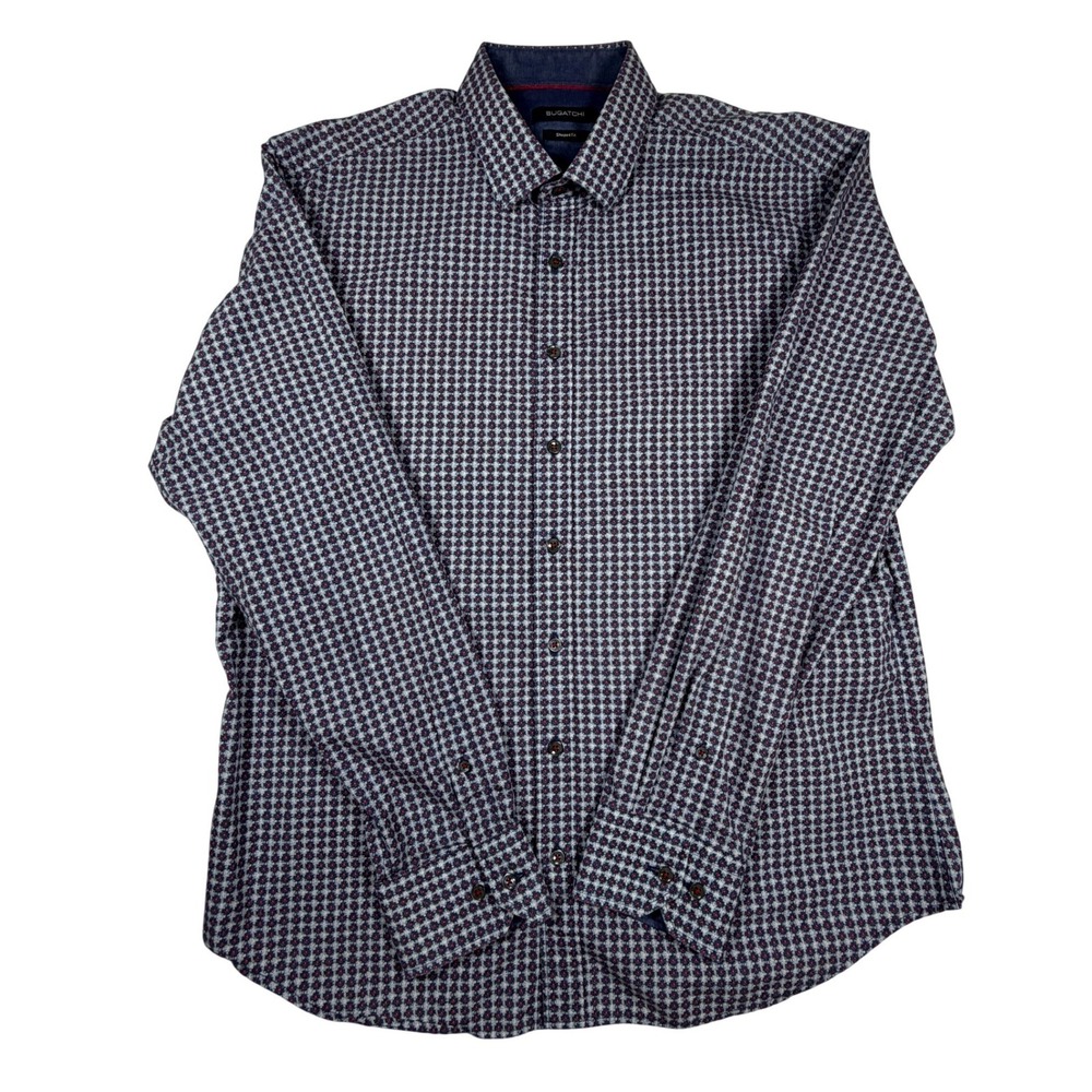 Bugatchi Shaped Fit Mens Large Long Sleeve Button Down Shirt Navy Red Geometric
